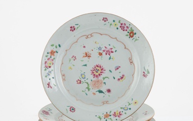 A set of five Chinese porcelain famille rose plates and one 'double peacock' plate, Qing dynasty, Qianlong (1736-95)