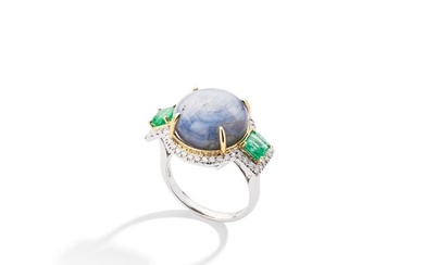 A star-sapphire, emerald and diamond ring