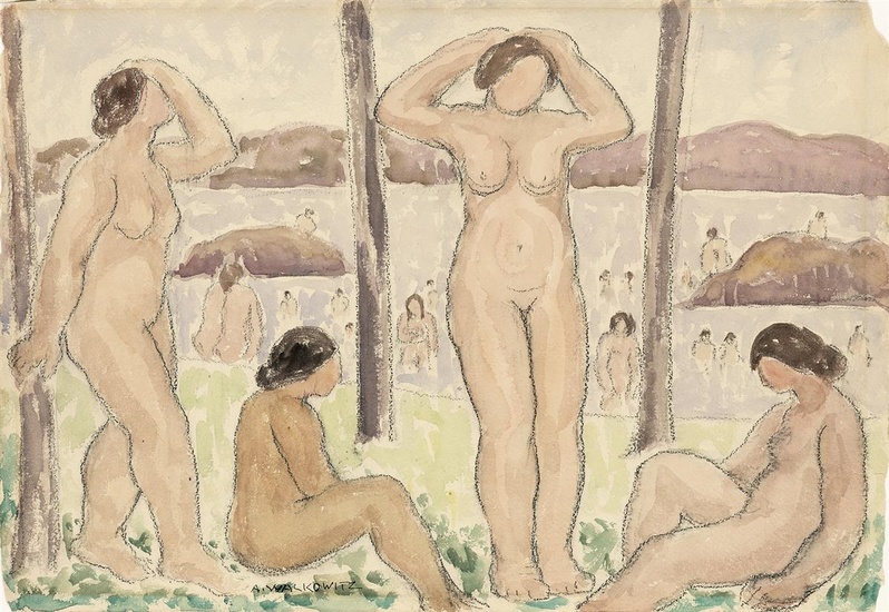 ABRAHAM WALKOWITZ Bathers (Four Nudes). Watercolor on paper, circa 1920. 380x555 mm; 15x22...
