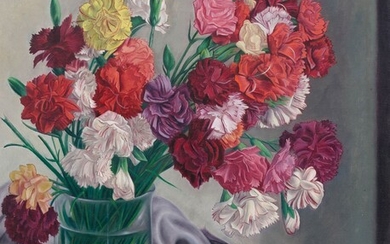 AIMÉ BARRAUD(La Chaux-de-Fonds 1902-1954 Neuchâtel)Nature morte aux oeillets dans un vase en verre.Huile sur toile.Signé...