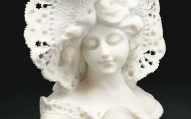 ALABASTER BUST OF A WOMAN IN A STRAW HAT.