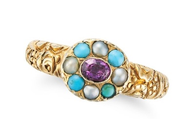 AN ANTIQUE AMETHYST, TURQUOISE AND PEARL RING in yellow gold, set with an oval cut amethyst in a