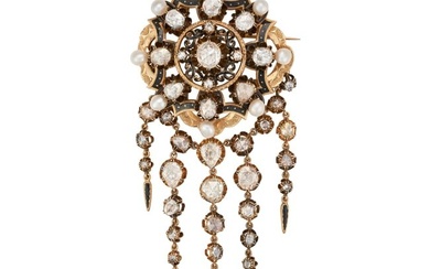 AN ANTIQUE FRENCH DIAMOND, PEARL AND ENAMEL BROOCH / PENDANT in 18ct yellow gold, the openwork br...