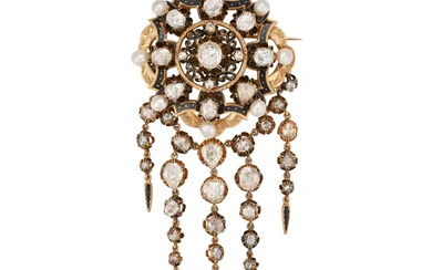 AN ANTIQUE FRENCH DIAMOND, PEARL AND ENAMEL BROOCH ...
