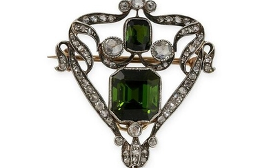 AN ANTIQUE GREEN TOURMALINE AND DIAMOND BROOCH in