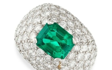 AN EMERALD AND DIAMOND BOMBE COCKTAIL RING Step-cut