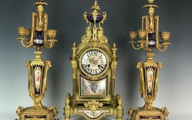 AN IMPOSING 19TH C. JEWELED SEVRES AND ORMOLU CLOCK SET