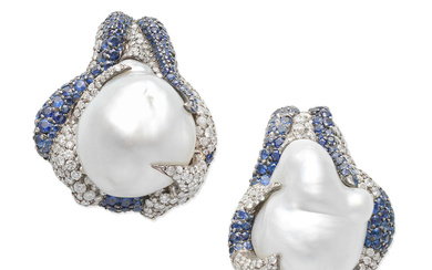 ANDRE MARCHA: CULTURED PEARL, SAPPHIRE AND DIAMOND EARCLIPS
