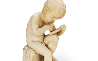 After Charles-Gabriel Sauvage, called Lemire (French, 1741-1827): A late 19th century carved alabaster figure of a child drawing