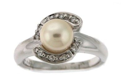 Akoya Pearl And Diamond Ring In 14k White Gold