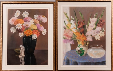 American School, 20th Century Two Pastel Still Lifes: Flowers with Goldfish