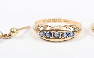 An 18ct gold and sapphire five stone ring, Chester 1915, weight 1.7g, ring size approx J, a gold rin