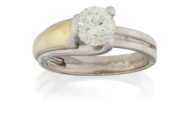 An 18ct gold diamond single stone ring, the brilliant-cut diamond weighing approximately 0.70 carats within crossover three claw setting to two-tone white and yellow gold hoop, ring size approx. K
