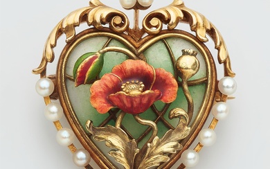 An Art Nouveau 18k gold polychrome enamel and pearl heart pendant.