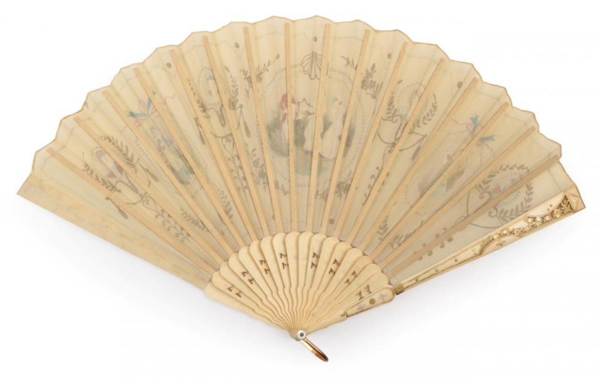 An Early 1900 Century Bone Fan, French, carved and gilded,...