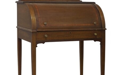 An Edwardian mahogany and satinwood crossbanded cylinder bureau, the rectangular top with broken swan neck pediment, above roll top enclosing pigeon holes and central drawer above pull out writing surface, raised on square tapering supports to...