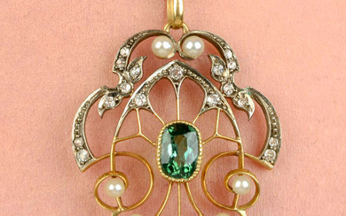 An Edwardian silver and gold, green tourmaline, seed pearl and single-cut diamond openwork pendant, with near period 15ct gold trace-link chain.