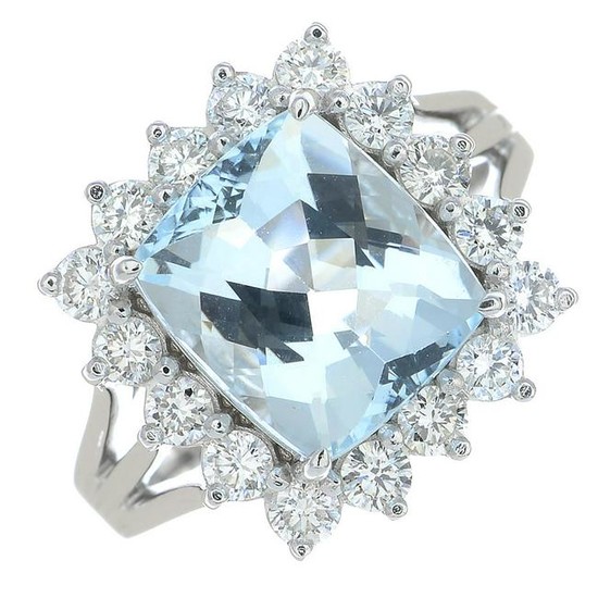 An aquamarine and brilliant-cut diamond cluster