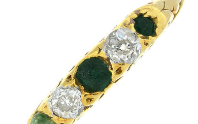 An early 20th century gold green gem and old-cut diamond five-stone ring.