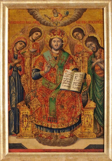 An icon "Deesis - Christ in majesty with book between Our Lady, Saint John the Baptist and angels under God the Father and Dove of the Holy Spirit"