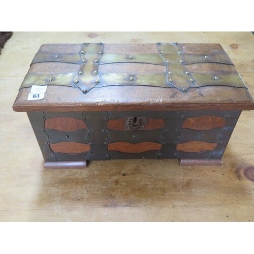 An oak brass bound box with iron carry handles, 23cm tall x ...