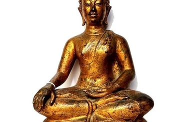 Ancient Ayutthaya Buddha in gilded bronze - takes the earth to witness - Bronze - Thailand - Late 19th century