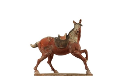Ancient Chinese, Tang Dynasty Terracotta Fine and Rare Buff Pottery Figure of a Prancing Horse, TL test, H-35 cm. - 35×34×20 cm