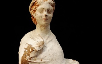 Ancient Greek, Hellenistic - Elegant statuette of Tanagra - young woman with polychromy - 21.1 cm