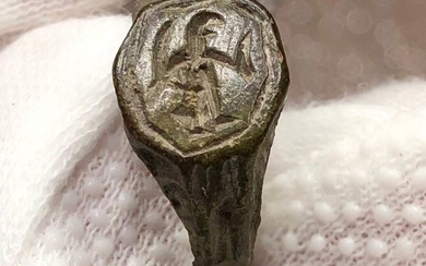 Ancient Roman BronzeGnostic (Mystical and Magical) Ring engraved with Abraxas with a head of Rooster