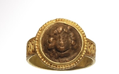 Ancient Roman Gilded Bronze Ring with Medusa Cameo