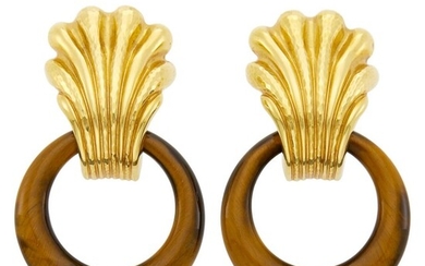 Andrew Clunn Pair of Gold and Tiger's Eye Hoop Pendant-Earclips