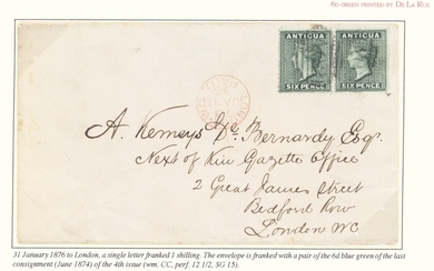 Antigua 1876 (31 Jan.) envelope to London, bearing 6d. blue green pair cancelled "A02", London...