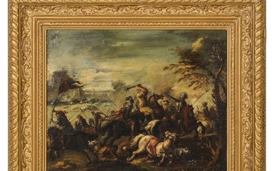 Antique European Battle Scene Landscape Painting