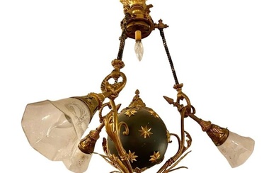 Antique French Empire Style Chandelier Ebonized Sphere with Bronze Surrounds