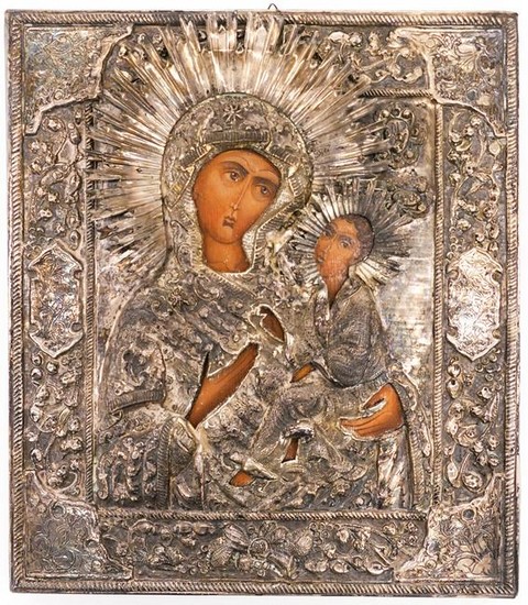 Antique Greek Mother of God Silver Oklad Icon