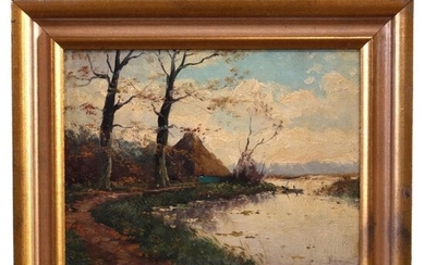Antique Oil Painting "Lakeside Encampment" by Rymer