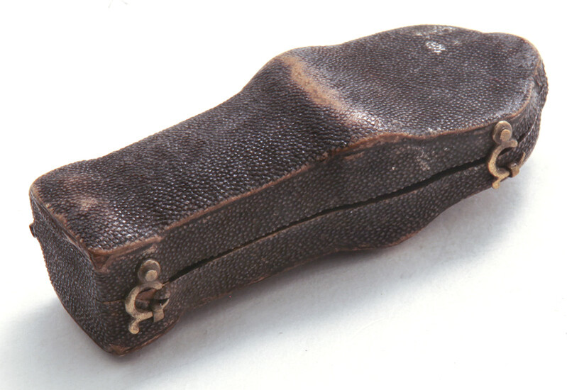 Antique brass quill cutter in shagreen case