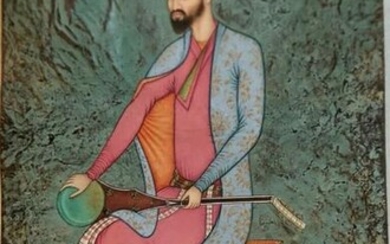 Antique persian safavid miniature painting , 19th C