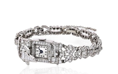 Art Deco Platinum 6.50 carat Diamond Glycine Wrist Watch