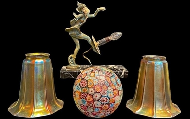Art Deco TIFFANY Style Aurene Iridescent Art Glass Shades & CHIPPARUS Millefiori Lamp