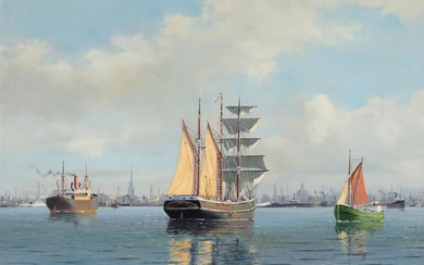 SOLD. Arup Jensen: A busy day at the entrance of Copenhagen Harbour. Signed Arup Jensen....