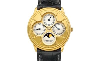 Audemars Piguet Quantième Perpétuel "Clover" | A yellow gold perpetual calendar wristwatch with moon phases, Retailed by Asprey, Circa 1990 | 愛彼 | Quantième Perpétuel "Clover" | 黃金萬年曆腕錶，備月相顯示，由 Asprey 發行，約1990年製