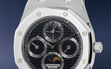 Audemars Piguet, Ref. 25820SP A rare and attractive stainless steel and platinum perpetual calendar wristwatch with black dial, moon phase, bracelet, certificate of authenticity, and winding presentation box