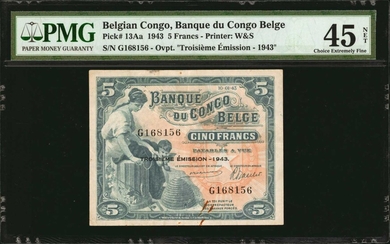 BELGIAN CONGO. Banque Du Congo Belge. 5 Francs, 1943. P-13Aa. PMG Choice Extremely Fine 45 Net. Rust, Foreign Substance.