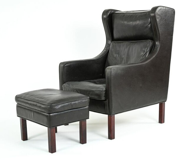 BORGE MOGENSEN LEATHER WINGBACK CHAIR & STOOL