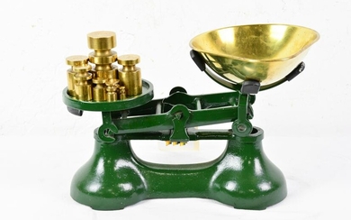 British Green Balance Scale With Brass Weights
