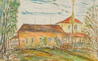 British School, 20th century- A house amongst trees; oil on card, signed lower left, 31 x 40 cm