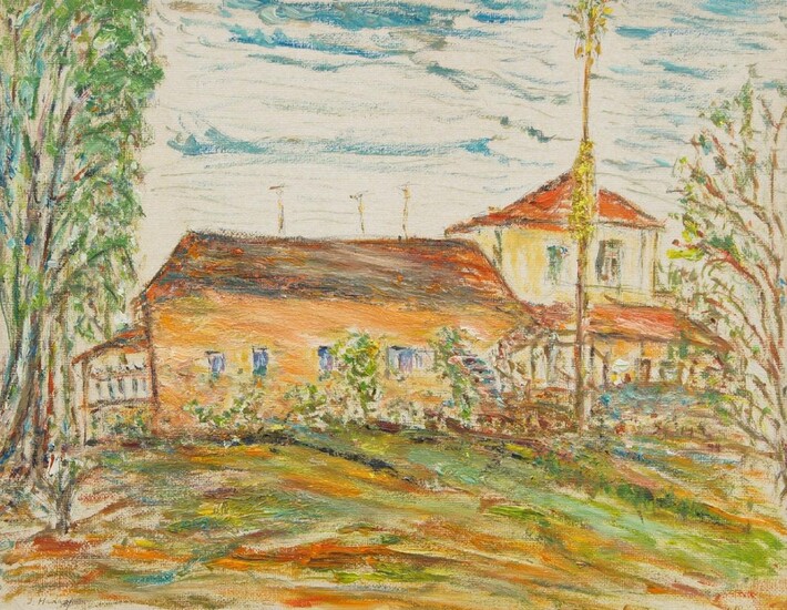British School, 20th century- A house amongst trees; oil on card, signed lower left, 31 x 40 cm