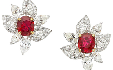 Burma Ruby, Diamond, Gold Earrings Stones: Oval and cushion-shaped...