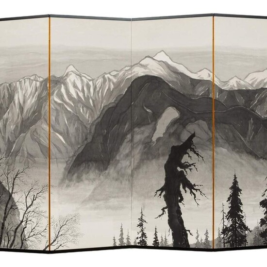 Byobu, Screen, Room divider - Paper, Wood, Sumi & Gold-leaf - Mountains - Kadô 賀堂 - Large 6-panel room divider with a painting of the Southern Alps during winter, signed&sealed. - Japan - Shōwa period (1926-1989)